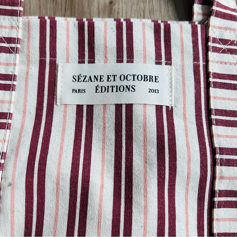 New 🇫🇷 Sézane Striped Tote Bag Ecru White & Burgundy Red - Picture 3 of 4
